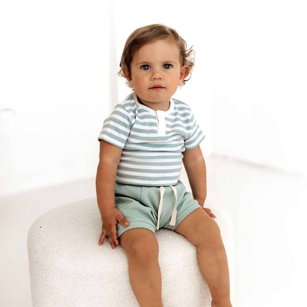 Snuggle Hunny - Sage Stripe Short Sleeve Organic Bodysuit